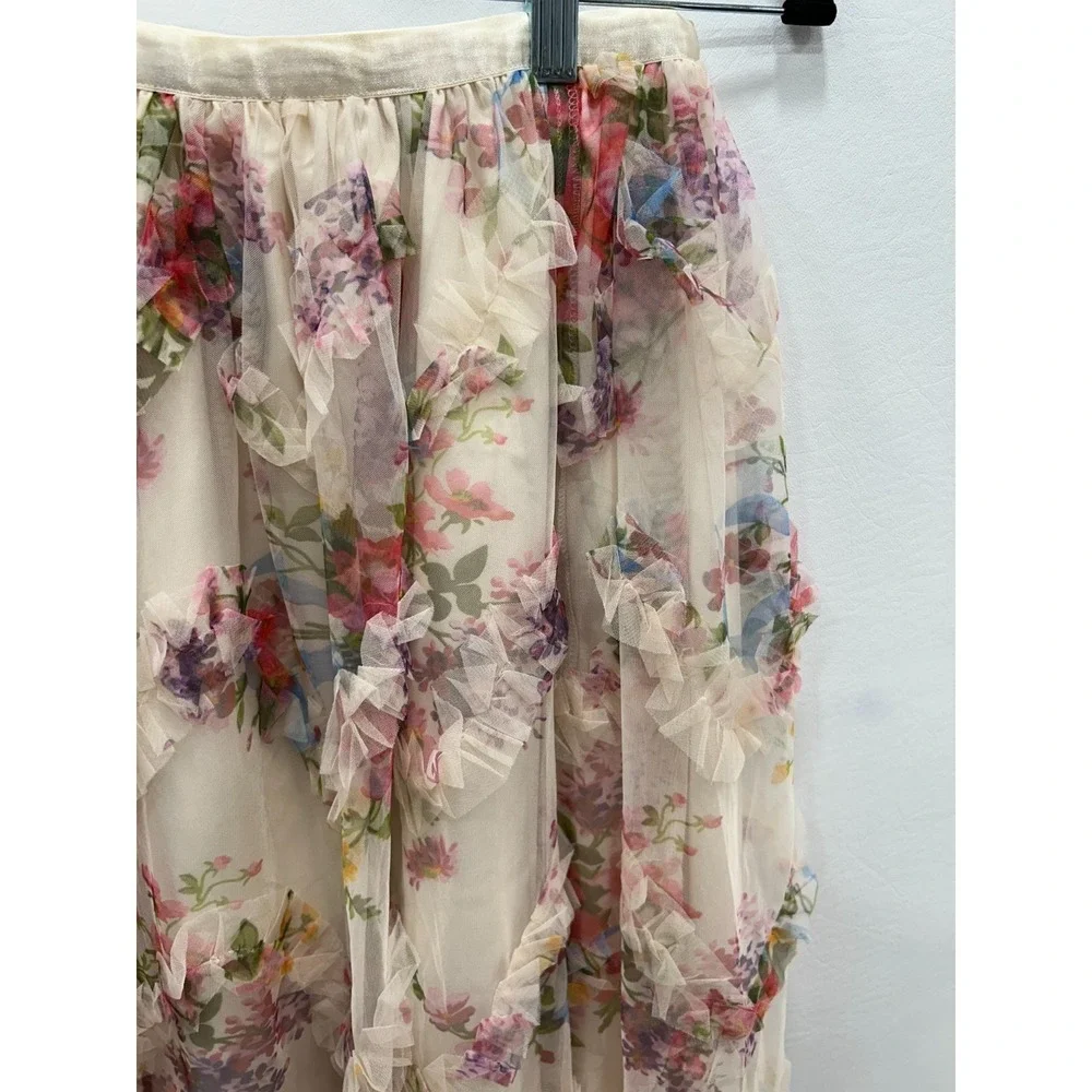 Shein Womens S Cream Midi Skirt Floral Fairy Ruffle Romantic Cottagecore